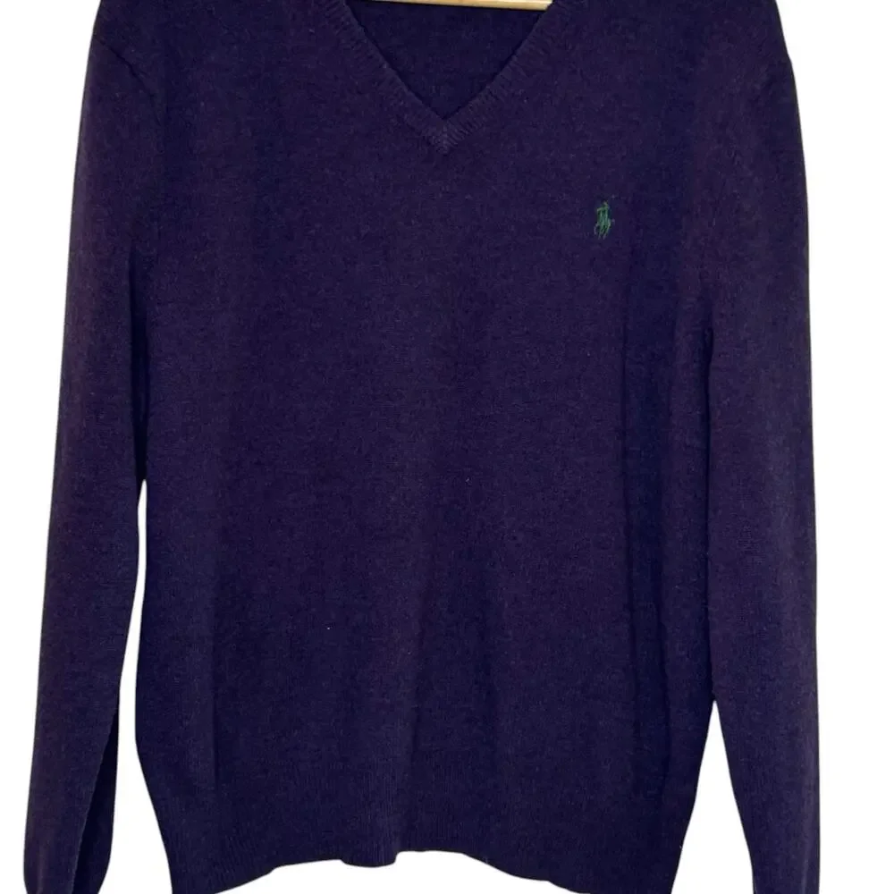 Vintage Polo Ralph Lauren 100% Lambs Wool Purple V-Neck Sweater Green Pony